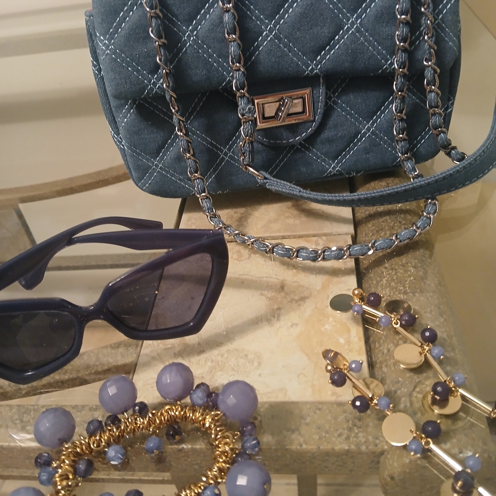 Blue Quilted Crossbody Bag with Chain Strap